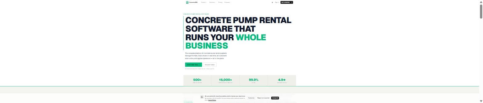Concretex360 website interface for concrete pump rental operations